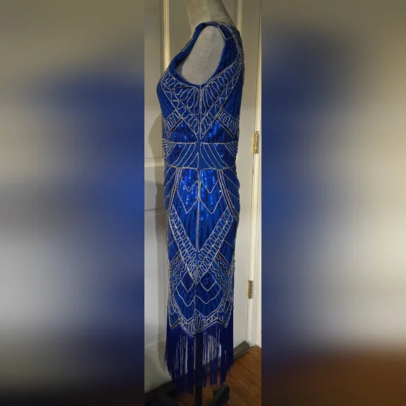 Sequins beads & stitching ROYAL blue flapper-style dress long fringe sz S - Picture 7 of 10